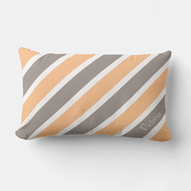 Cojín Lumbar Peach Naranja Gray Strips with Name (Anverso)