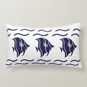 Cojín Lumbar peces azul marino y olas en un PILLOW blanco