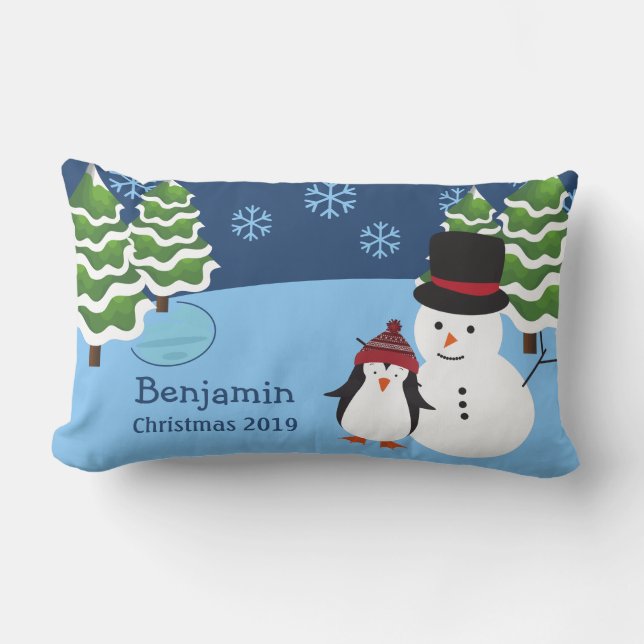 Cojín Lumbar Penguin y Navidades Snowman de vacaciones en invie (Anverso)