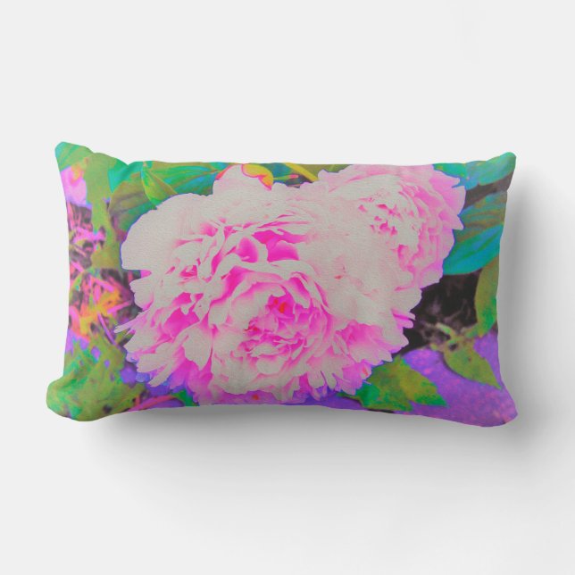 Cojín Lumbar Peonías rosa eléctricas en el colorido jardín (Anverso)