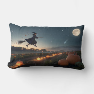 Cojín Lumbar Pequeña bruja mágica volando en la noche de Hallow