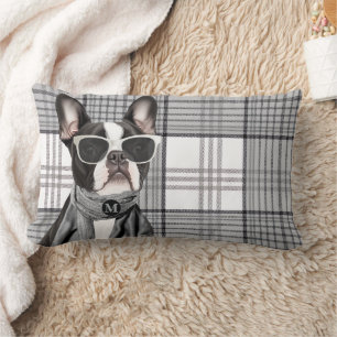 Cojín Lumbar Perro Boston Terrier Elegante y Monograma de Cuadr