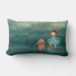 Cojín Lumbar Perro del chica y de Labradoodle en la lluvia