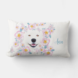 Cojín Lumbar Perro Samoyed y flores rosadas, nombre personaliza