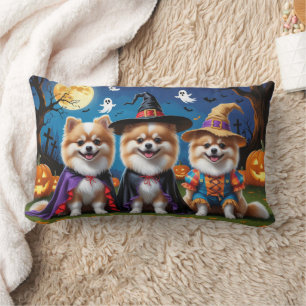 Cojín Lumbar Perros de Pomerania Calabaza Halloween Gracioso