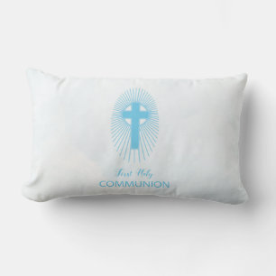 Cojín Lumbar Personalice, Blue First Holy Communia Cross Host