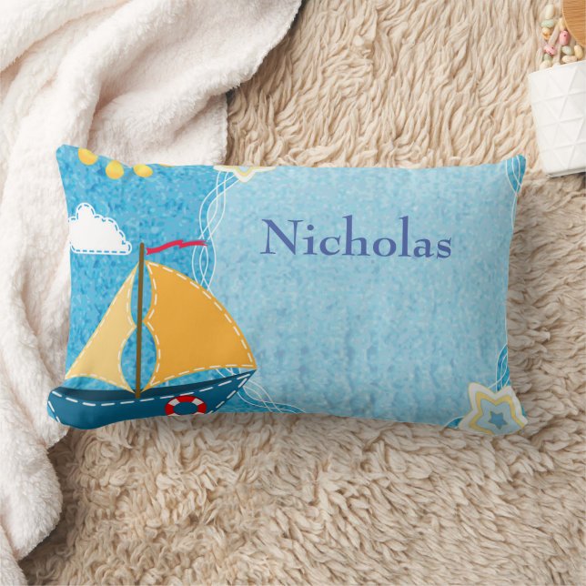 Cojín Lumbar Personaliza el barco azul azul de sol amarillo bri (Manta)