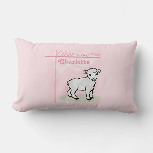 Cojín Lumbar Personalizable, Bautizo, Rosa, Niña, Cordero (Anverso)