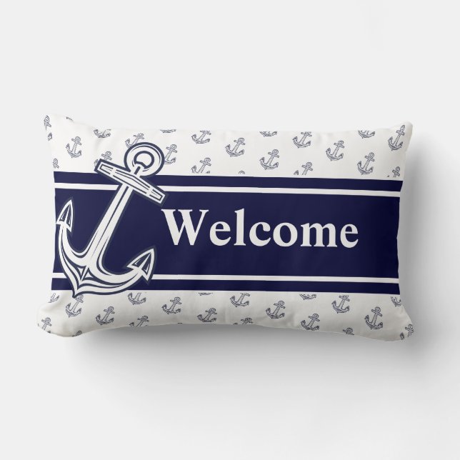 Cojín Lumbar Personalizado Monograma Nautical Anchor Naval Azul (Anverso)
