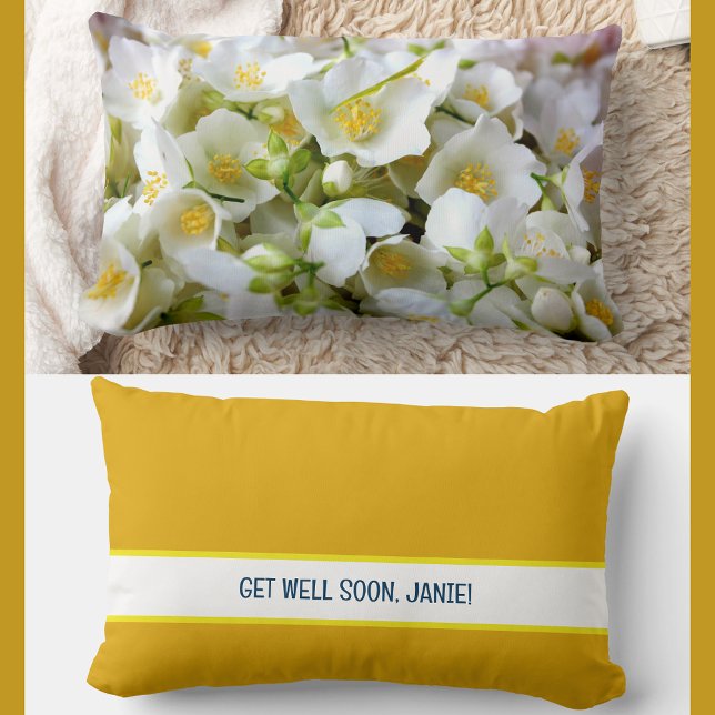 Cojín Lumbar Personalizar las flores de jazmín de coworker (Elegant, modern personalized name Get Well Soon floral pillow. Jasmine flowers photo. Burnt yellow)