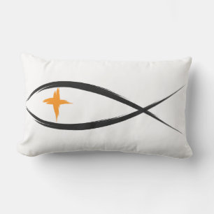 Cojín Lumbar Pescado cristiano negro con fondo amarillo