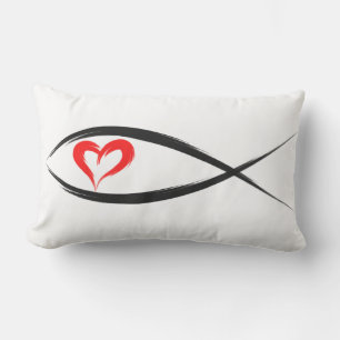 Cojín Lumbar Pescado cristiano negro con fondo de corazón rojo