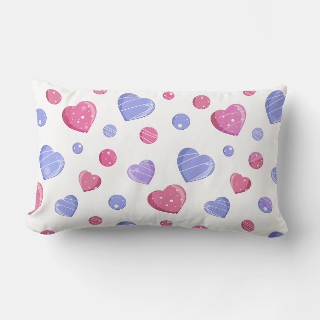 Cojín Lumbar Pesos, corazones azules sobre fondo blanco. (Anverso)