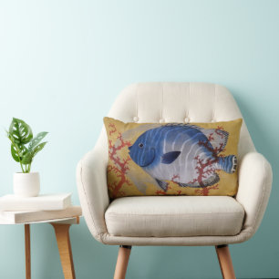 Cojín Lumbar Pez Azul Tropical Vintage Coral Marina Vida Oceáni