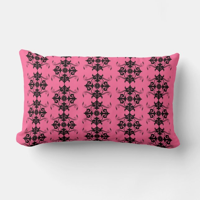 Cojín Lumbar Pilar del patrón de Damasco rosa y negro (Anverso)