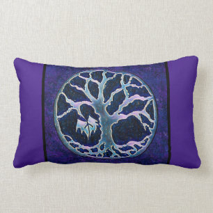 Cojín Lumbar Pilar viajero del árbol de la vida en azul y púr