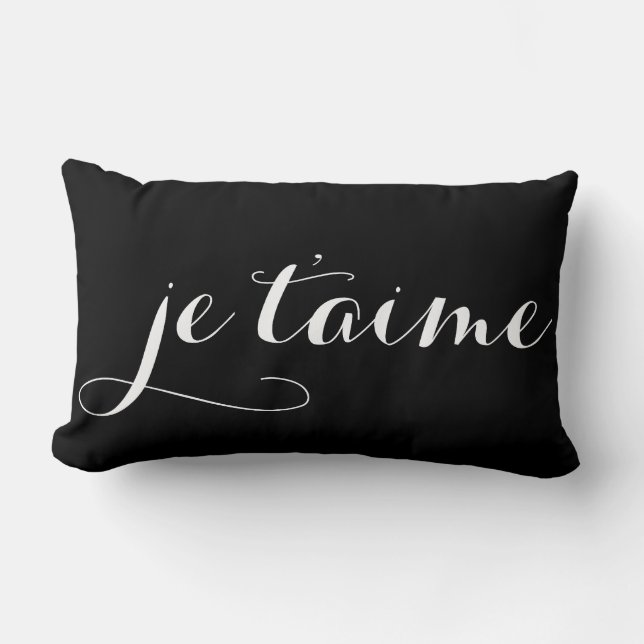 Cojín Lumbar Pillow de caligrafía francesa Je T'aime blanco y n (Anverso)