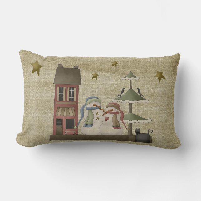 Cojín Lumbar Pillow de Snowman, estilo rural primitivo (Anverso)