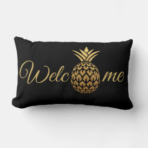 Cojín Lumbar Piña Dorada Bienvenida Negra