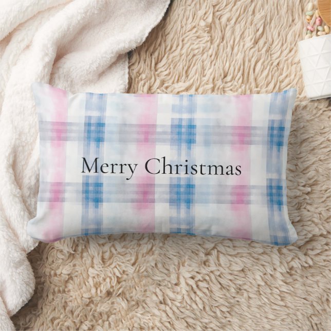 Cojín Lumbar Pink Blue White Plaid Stripes Christmas (Manta)