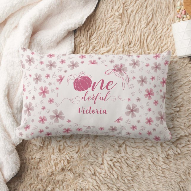 COJÍN LUMBAR PINK BOW & ARCH FALL PUMPKIN FLOWERS BIRTHDAY (Manta)