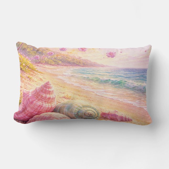 Cojín Lumbar Pink Ocean Beach Shells Flowers Fantasy Landscape (Anverso)