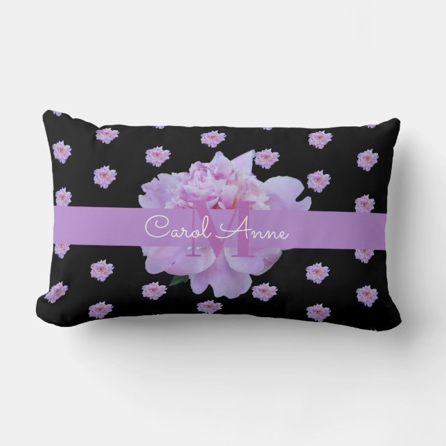 Cojín Lumbar Pink Peony Floral Monograma Morado Negro (Anverso)