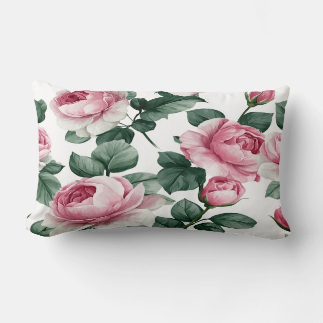 Cojín Lumbar Pink Roses Floral Throw Pillow (Anverso)