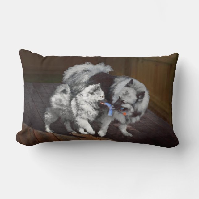 Cojín Lumbar Pintado Keeshond Playtime - Arte Perro Original. (Anverso)