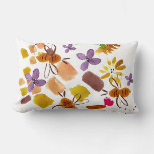 Cojín Lumbar Pintura de abeja amarilla floral acuarelada a mano
