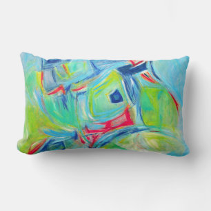Cojín Lumbar Pintura de arte moderno verde y azul expresivo