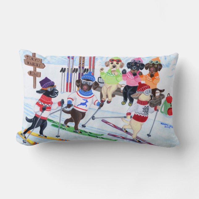 Cojín Lumbar Pintura de esquí nórdica de Labradors (Anverso)