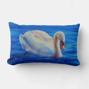 Cojín Lumbar Pintura en acuarela de cisne blanco, aves acuática