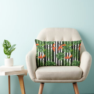 Cojín Lumbar Planta Tropical Colorida, Hojas de Palma y Pájaro