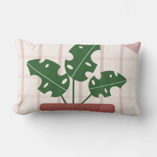 Cojín Lumbar Plantas Monstera Fondo de Plaid de Terracota Rosa
