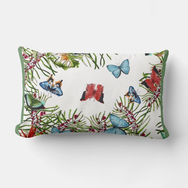 Cojín Lumbar Plantas tropicales Mariposas Berries Azul Rojo (Anverso)
