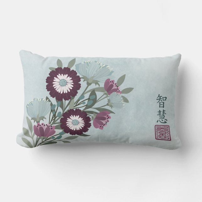 Cojín Lumbar Plum gerbera daisy azul ramo de flores arte asiáti (Anverso)