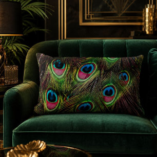 Cojín Lumbar pluma de pavo real verde turquesa art déco