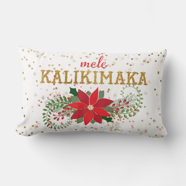 Cojín Lumbar Poinsettia, Purpurina de oro de Mele Kalikimaka (Anverso)