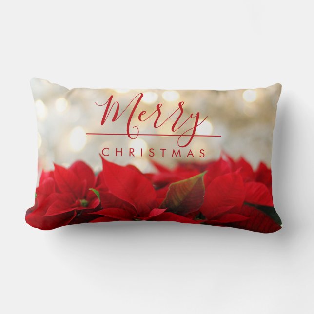Cojín Lumbar Poinsettias rojas con Navidades del Bokeh de Oro (Anverso)