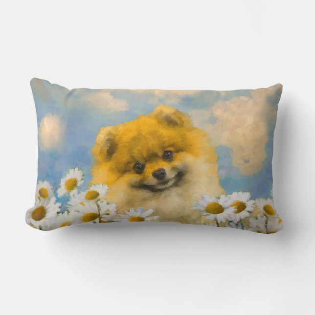 Cojín Lumbar Pomerania en pintura de Daisies - Arte de perro or (Anverso)