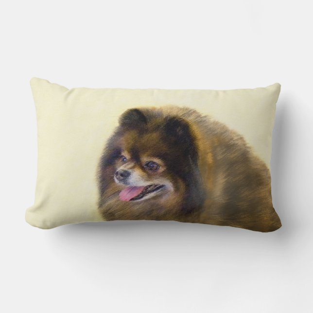 Cojín Lumbar Pomerania Negra y Tan Pintura Original de Perro (Anverso)