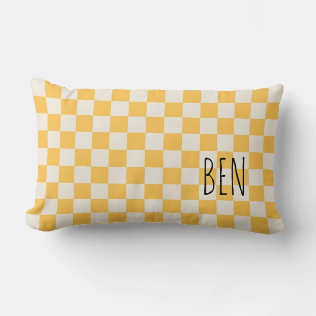 Cojín Lumbar Preppy Check Modern Yellow White NAME Sweet (Anverso)