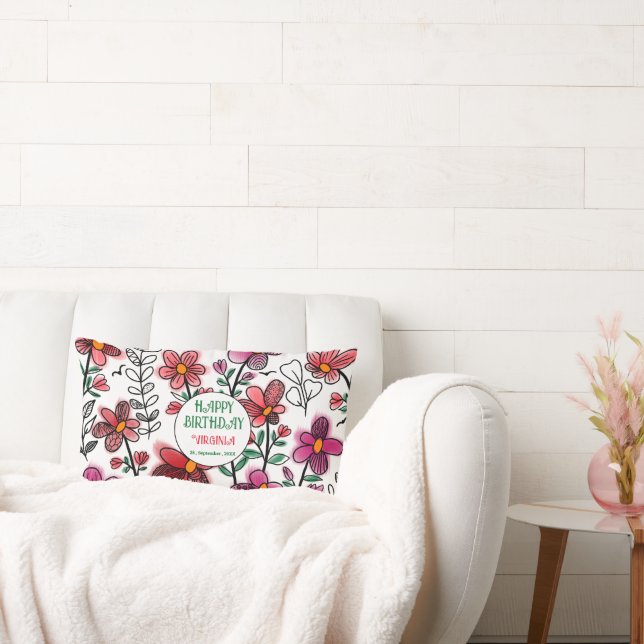 COJÍN LUMBAR PRIMAVERA ÚNICA DOODLE ROJO FLORES CUMPLEAÑOS (Sofá)