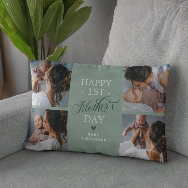 Cojín Lumbar Primer Día de la Madre Collage de fotos Verde (Subido por el creador)