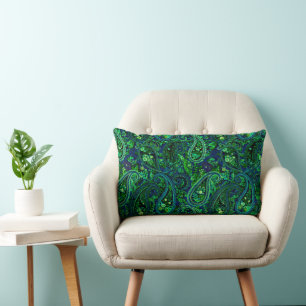 Cojín Lumbar Profusión de Paisley Floral Vibrante Azul Verde  
