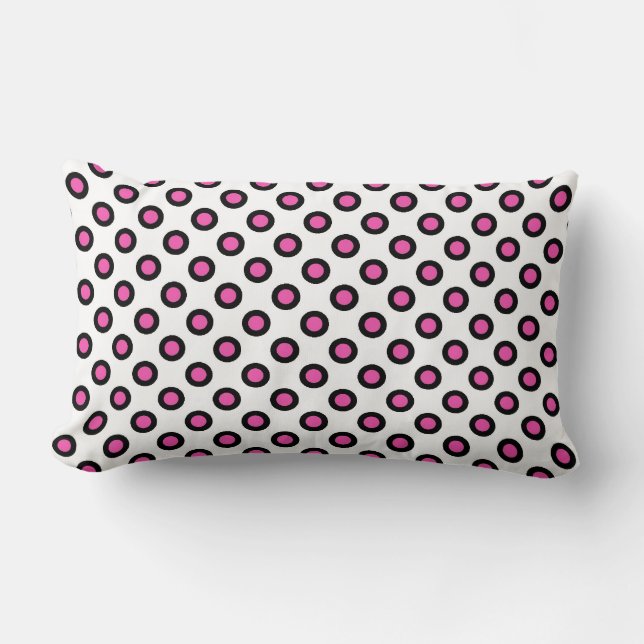 Cojín Lumbar puntos de polka de círculo gráfico rosa y negro. (Anverso)