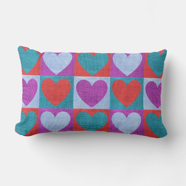 Cojín Lumbar Purple Green and Red Checked Heart Pattern (Anverso)