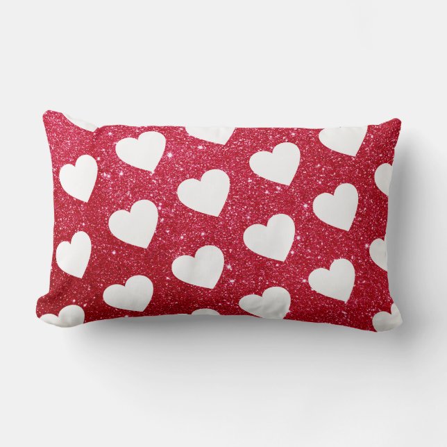 Cojín Lumbar Purpurina blanco rojo de patrón de corazón corto (Anverso)