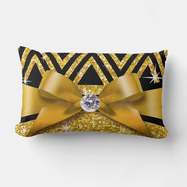 Cojín Lumbar Purpurina Chevron Bling Diamond Bow| Oro (Anverso)